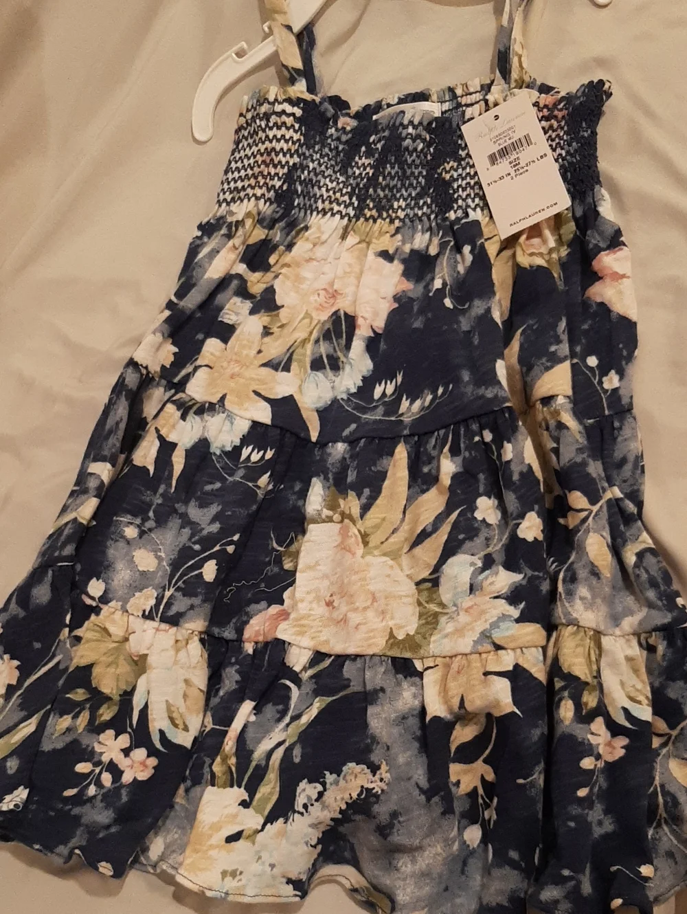 Ralph Lauren 18M Navy and Cream Floral Smocked Dress,Matching Diaper Cover NWT